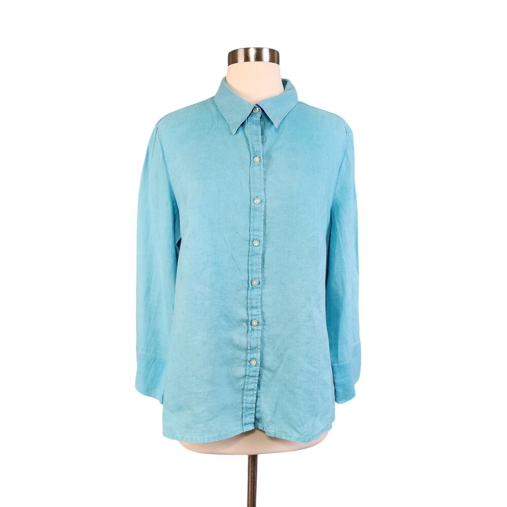 Talbots Womens Linen Button Down Shirt Size 14 Powder Blue Lightweight Lagenlook